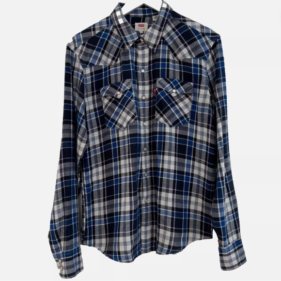 Levi's Men's Medium Classic Western Red Tag Blue Plaid Cowboy Shirt Pearl Snaps - Picture 3 of 9